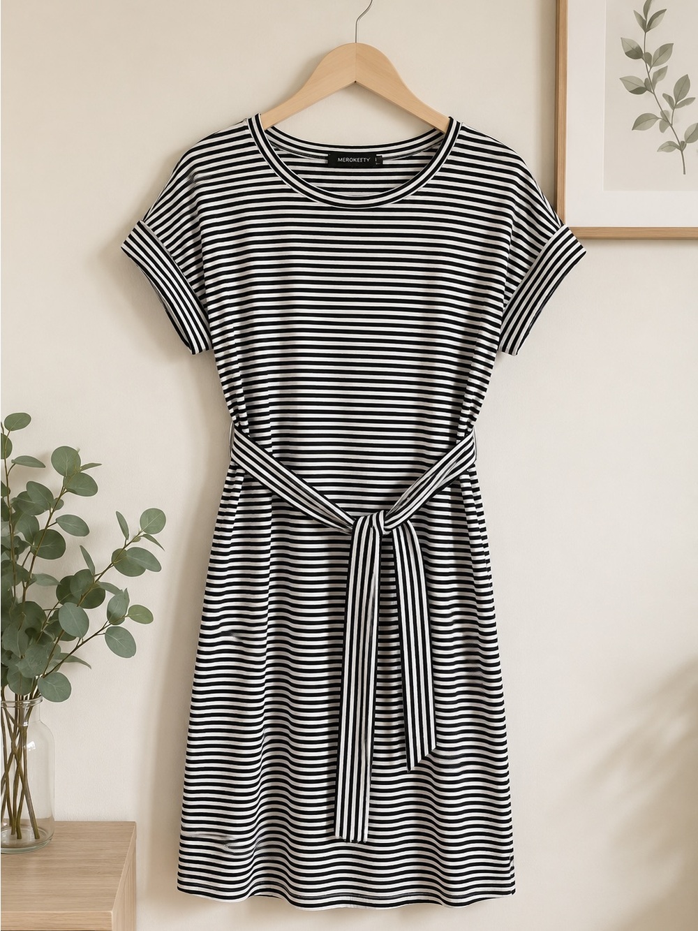 Merokeety Women's Summer Casual Striped Short Sleeve Dress Belted Pencil size L